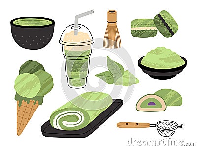 Set of matcha green tea. Various products and accessories for ceremony. Biscuits, ice cream, latte Vector Illustration